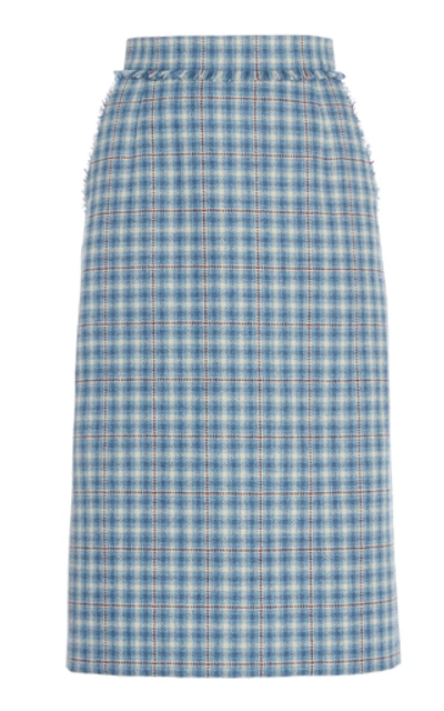 Thom Browne Wool Frayed Hem Checked Pencil Skirt In Plaid