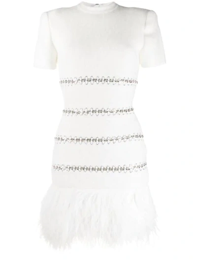 Balmain Feather-trimmed Angora-blend Mini Dress In White