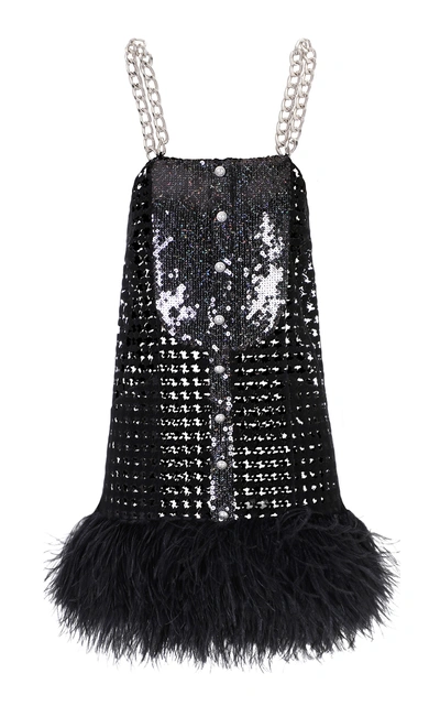 Balmain Feather-trimmed Sequined Mesh Mini Dress In Black | ModeSens