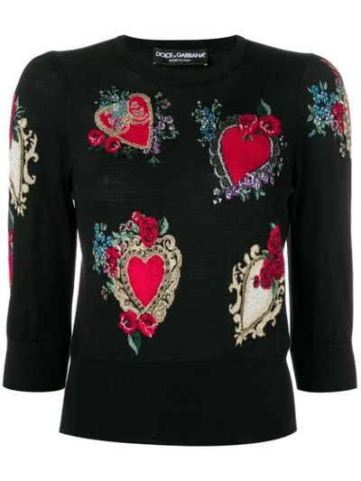 Dolce & Gabbana Wool And Silk Sweater With Heart Intarsia In Black