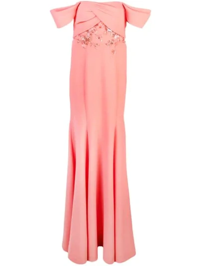 Marchesa Notte Off-the-shoulder Crepe Gown W/ Draped-bodice & Beaded Embroidery In Pink