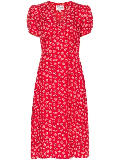 Harley Viera-newton Hvn Paula Shell Print Midi Silk Dress In Red ,neutral