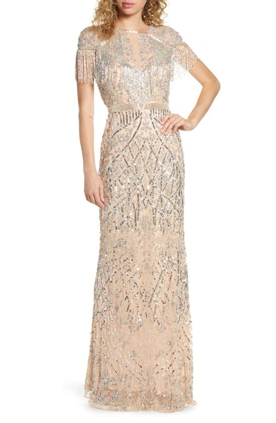 Mac Duggal Military Style Fringe Sheath Gown In Platinum