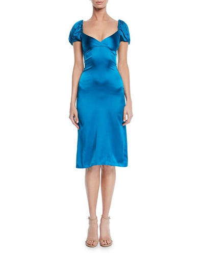 Alexis Cadiz Sweetheart Puff-sleeve Silk Satin Dress In Capri Blue