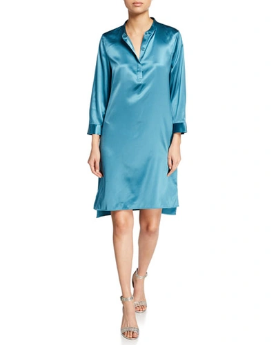 Eileen Fisher Mandarin-collar 3/4-sleeve Silk Charmeuse Shirtdress In River