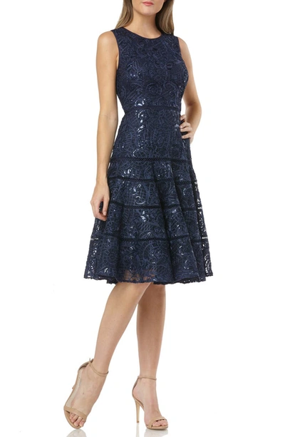 Carmen Marc Valvo Infusion Sequin Embroidered Sleeveless Fit-&-flare Dress In Navy