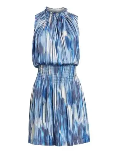 Halston Heritage Printed Crewneck Sleeveless Smocked-waist Dress In Cream/blue