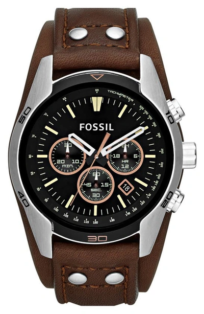 Fossil 'sport' Chronograph Leather Cuff Watch, 44mm In Brown