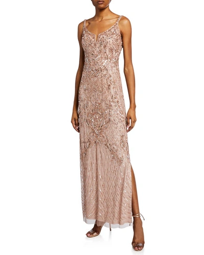 Aidan Mattox Embellished Mesh Gown - 100% Exclusive In Taupe