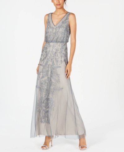 Adrianna Papell Embellished Mesh Gown In Pewter/silver