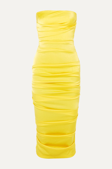 yellow strapless midi dress