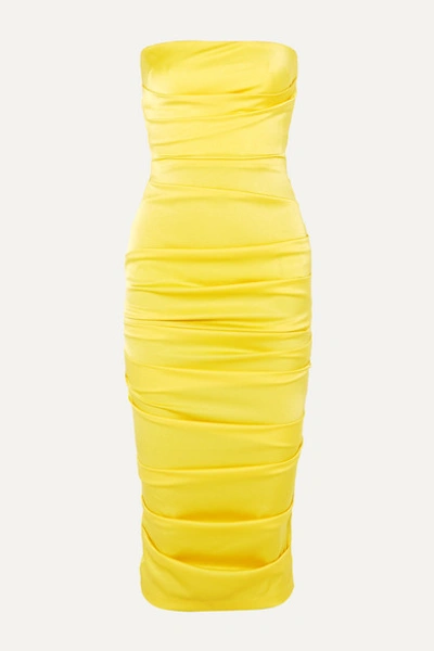 Alex Perry Ace-ruched Satin Strapless Midi Dress In Yellow