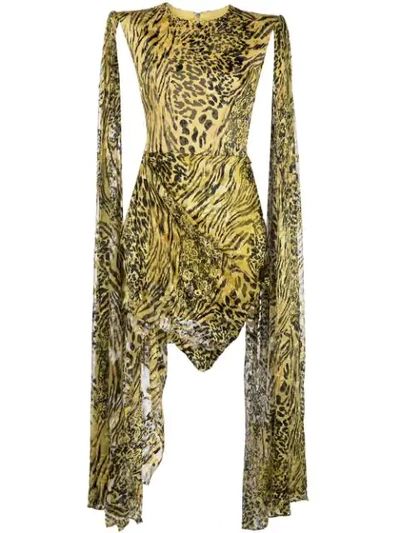 Alex Perry Dexter-leopard Print Cape Sleeve Mini Dress In Yellow