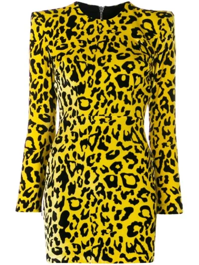 Alex Perry Jax-long Sleeve Velvet Leopard Mini Dress In Yellow