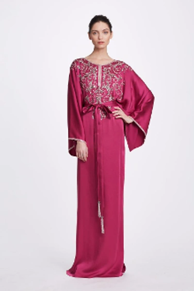 Marchesa Fall 2019  Couture Embellished Long Sleeve Silk Caftan In Fuchsia
