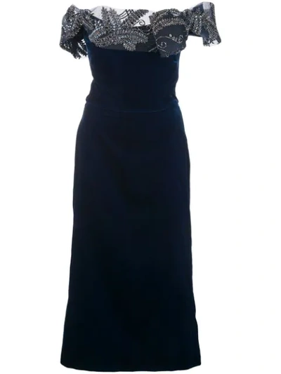 Marchesa Off-the-shoulder Embellished Tulle And Velvet Midi Dress In Midnight