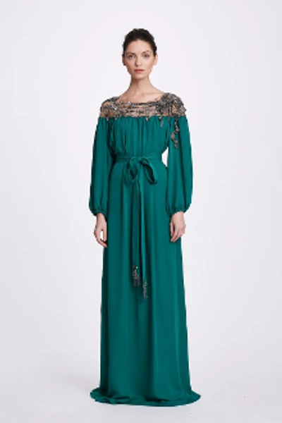 Marchesa Fall 2019  Couture Embellished Long Sleeve Silk Caftan In Emerald