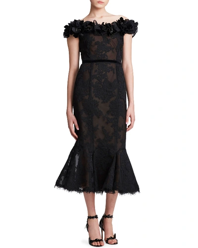 Marchesa Off-the-shoulder Lace Cocktail Dress In Black