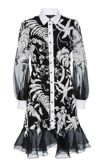 Marchesa Embroidered Ruffled Chiffon Shirt Dress In Black