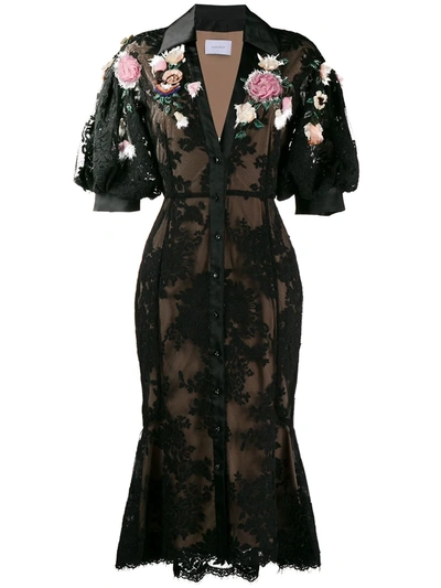 Marchesa Belted Flower-embroidered Guipure Lace Dress In Black
