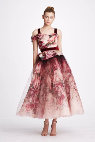 Marchesa Fall 2019 Couture Ombre Floral Printed Tulle Midi Dress