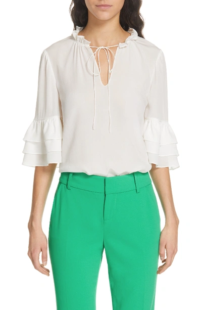 Alice And Olivia Julius Silk Ruffled Elbow-sleeve Tie Blouse In Off White