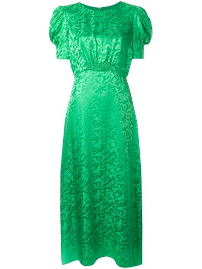 Saloni Bianca Silk Jacquard Puff Sleeve Midi Sheath Dress In Green