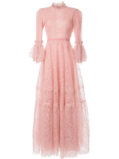 Costarellos Gossamer Lace Dress With Fluted Sleeves In Poweder Pink
