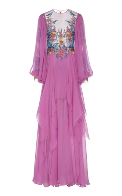 Costarellos Silk Embroidered Chiffon Dress In Pink