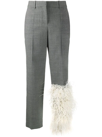 Loewe Feather-embellished Wool Straight-leg Trousers In Grey,white