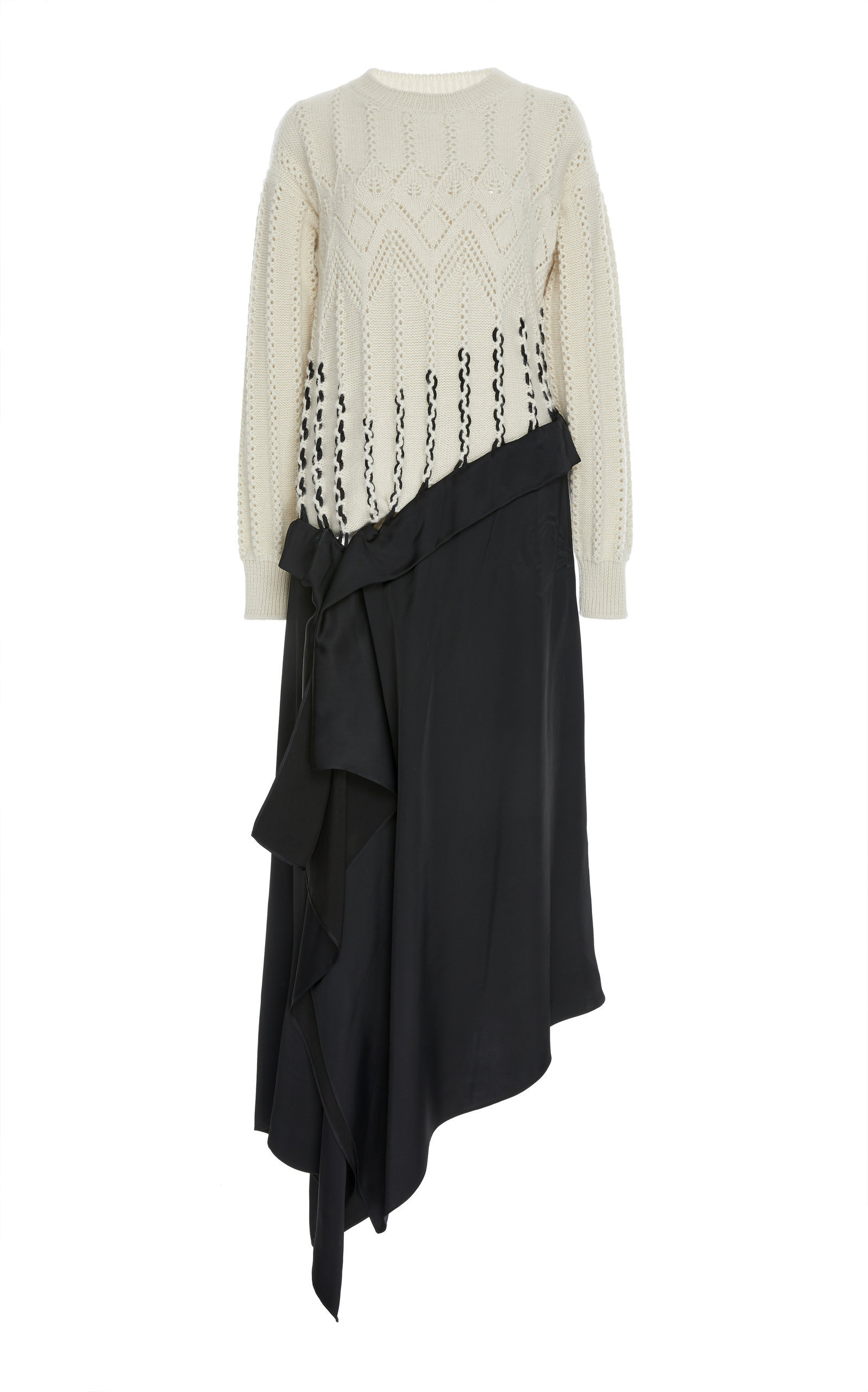 Loewe Asymmetric Open Knit Satin Maxi Dress In Black White Modesens