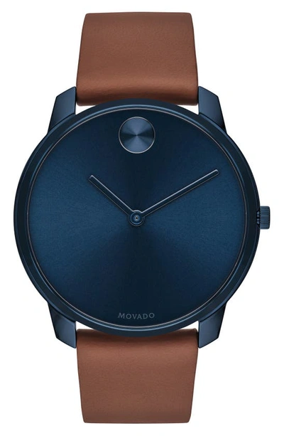 Movado Men's Bold Watch With Leather Strap In Blue/brown