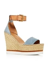See By Chloé Glyn Leather Espadrille Platform Wedge Ankle Strap Sandals In Medium Blue Suede