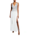 Aidan Mattox Beaded Mesh Plunge V-neck Sleeveless Gown In Ivory