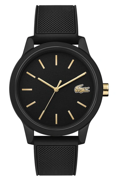 Lacoste Men's 12.12 Black Rubber Strap Watch 42mm In Black/ Gold/ Black