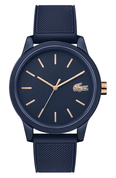 Lacoste Men's 12.12 Blue Rubber Strap Watch 42mm Women's Shoes In Navy/ Rose Gold/ Navy