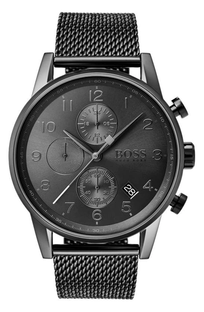 Hugo Boss Men's Chronograph Navigator Gray Stainless Steel Mesh Bracelet Watch 44mm In Gray/gray