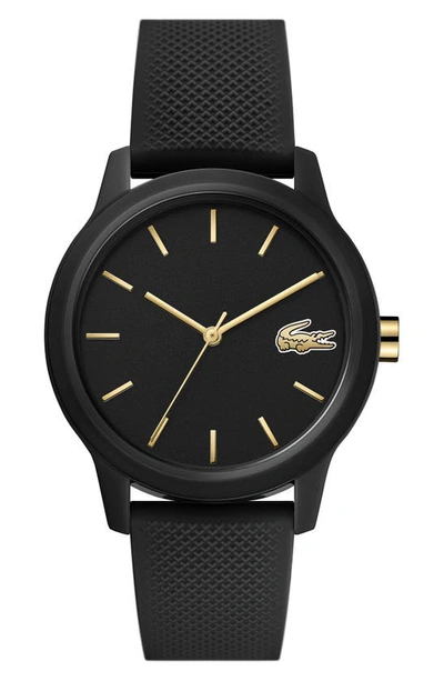 Lacoste Women's L.12.12 Black Silicone Strap Watch 36mm In Black/ Gold/ Black