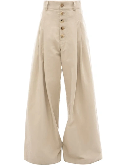 Jw Anderson High-rise Wide-leg Cotton Pleated Trousers In Neutrals
