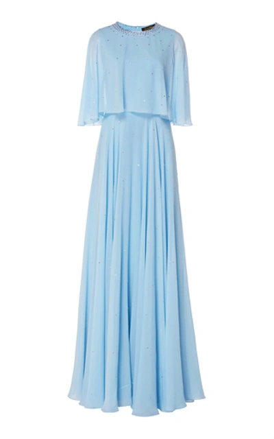 Jenny Packham Loulou Embellished Chiffon Cape Gown In Blue