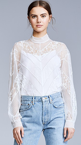 Pushbutton Lace Turtleneck Top In White | ModeSens