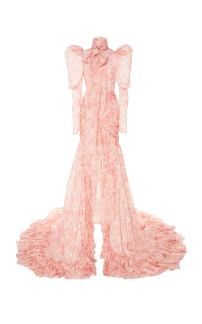 Giambattista Valli Printed Silk Chiffon Pussy Bow Gown In White