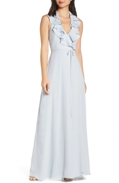 Wayf The Riley Lace up Back Wrap Evening Dress In Ocean Mist
