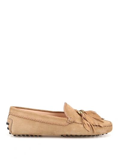 Tod's Suede Loafers With Leaf Tassels In Beige