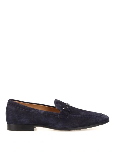 Tod's Double T Deep Blue Suede Loafers In Dark Blue