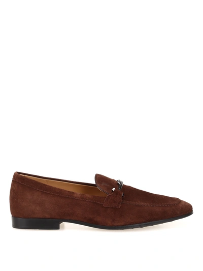 Tod's Double T Suede Loafers In Brown