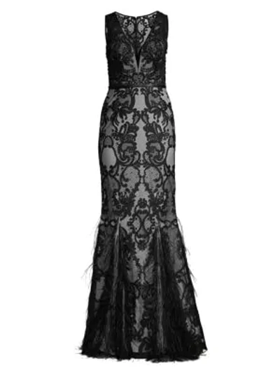 Basix Black Label Women's Godet Embellished Lace Mermaid Gown In Black Silver