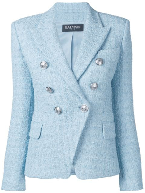 Balmain Double-breasted Tweed Blazer In Blue | ModeSens