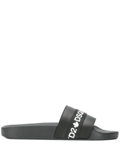 Dsquared2 Logo Tape Leather Slide Sandals In Black