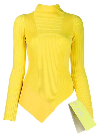 Off-white Asymmetric Neon Ribbed-knit Turtleneck Jumper In Yellow